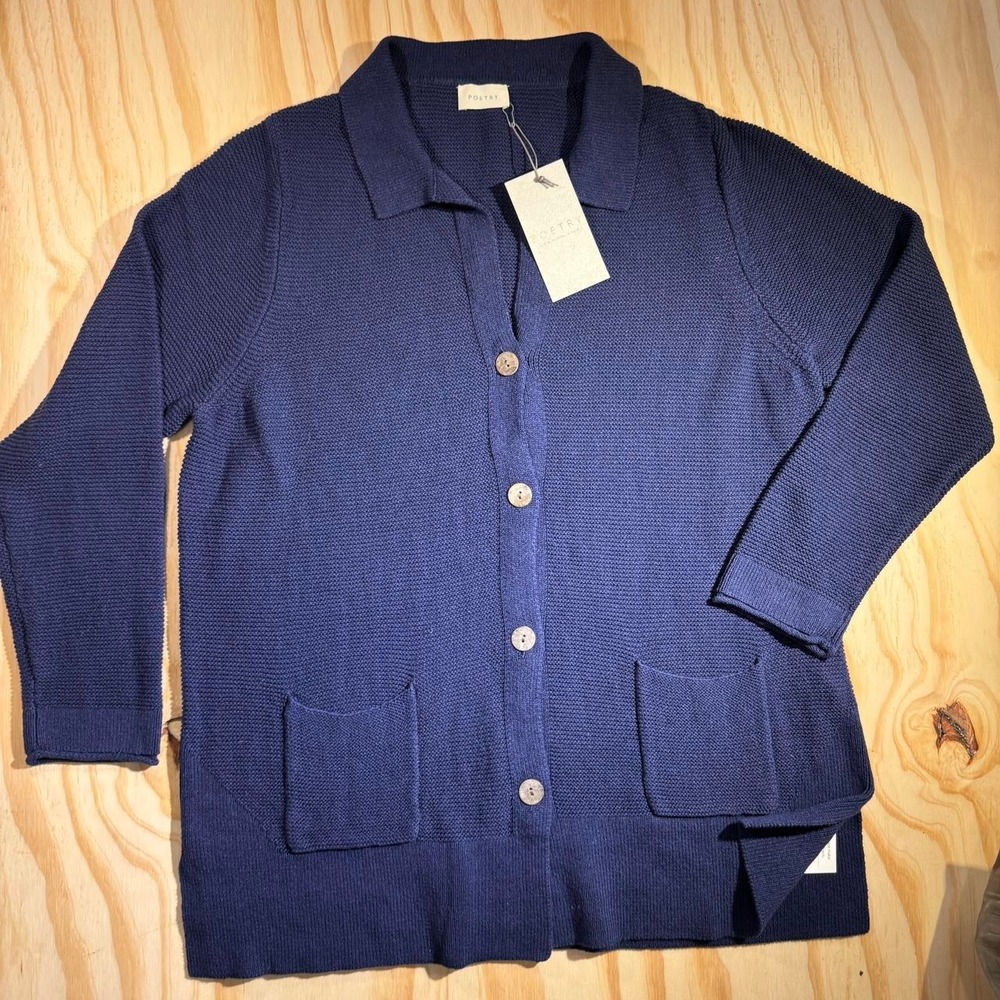Poetry Womens Ink Blue Cotton Hemp Textured Cardigan Sweater RH07 Size 12 NWT